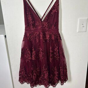 Lulu's Wine Red Skater Dress with lacy overlay